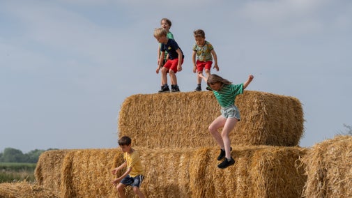 Children outside climbing on top of a hay bale in summer. Some are jumping off the side